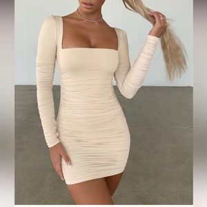 Oh Polly flatter me Long Sleeve Ruched Mini Dress in oyster white